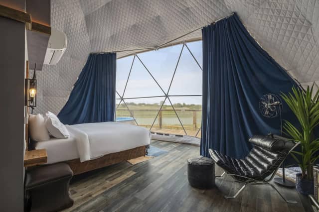 Glamping dome bedroom with panoramic view