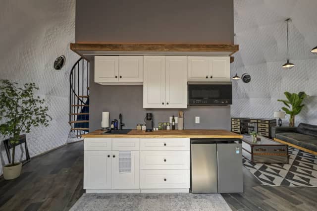 Glamping dome kitchen and loft