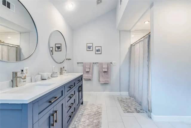 Modern bathroom with blue cabinetry